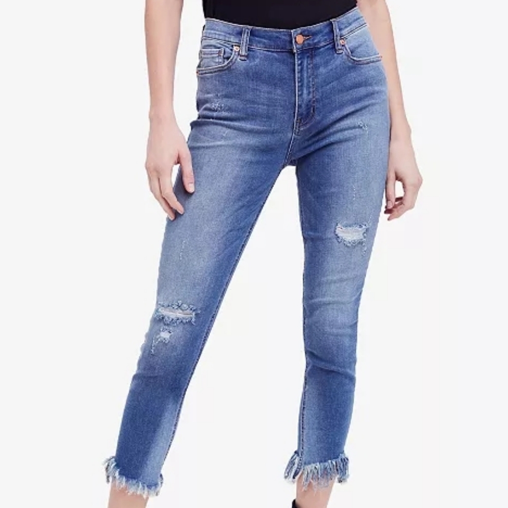 Free People Great Heights Frayed Distressed Skinny Jeans Stretch Denim Size 28
